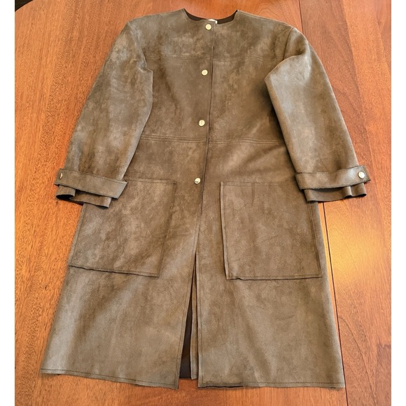 Zara Faux Suede Jacket Women's Size Small Olive Brown Snap Front WB Collection - Picture 3 of 10